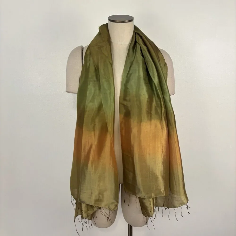 Vibrant Ombre Silk Scarf Olive Green Gold Gradient Fringe Lightweight Wrap Shawl